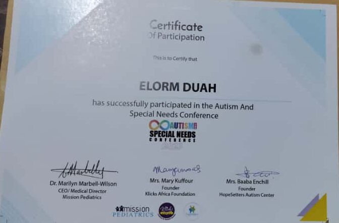 Certificate of completion recognising Elorm's professional training.